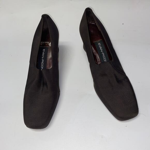 Evan Picone Brown Stretch Fabric Slip-On Square Toe Block Heels Women's Size 5.5 - Picture 1 of 5